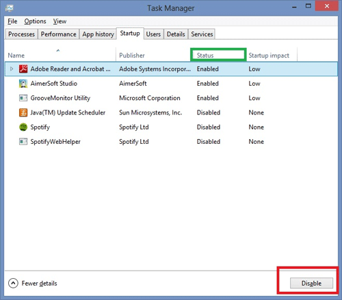 Task Manager Details, Statup Tab, Enable or Disable